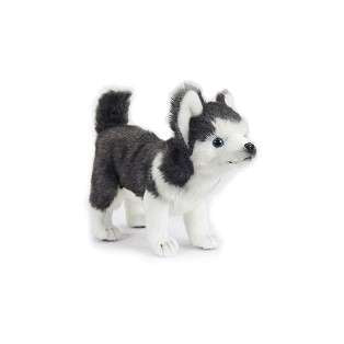 A small Huskey Puppy Stuffed Animal resembling a realistic Siberian husky puppy, crafted from high-quality man-made materials, with gray and white fur, standing on a white background.