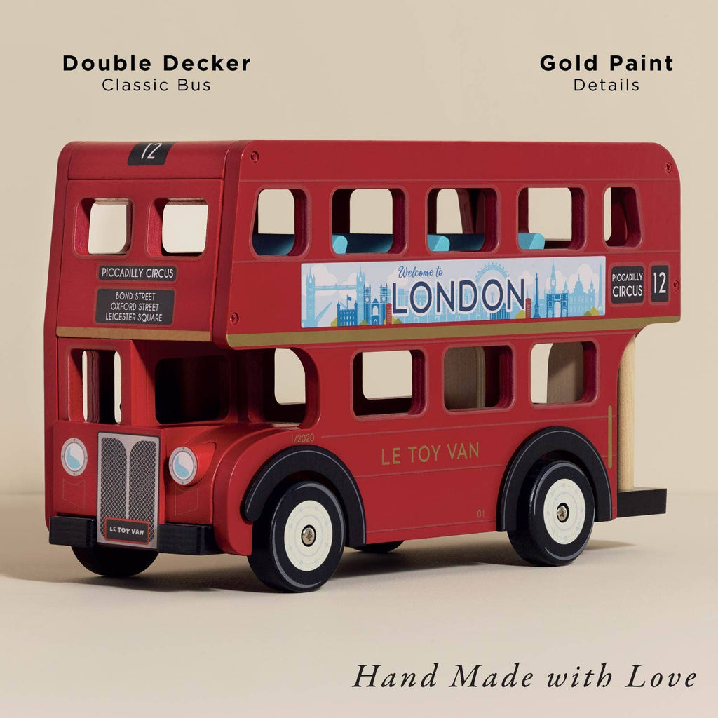 The London Wooden Bus is a handcrafted red double-decker toy featuring "London," city landmarks, gold details, and “Hand Made with Love” on the side—an ideal early learning gift.