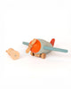 Sabo Concept Aviator Mouse, a wooden toy airplane with blue wings, orange nose, and red tail, sits next to a small detached wooden part on a white background.