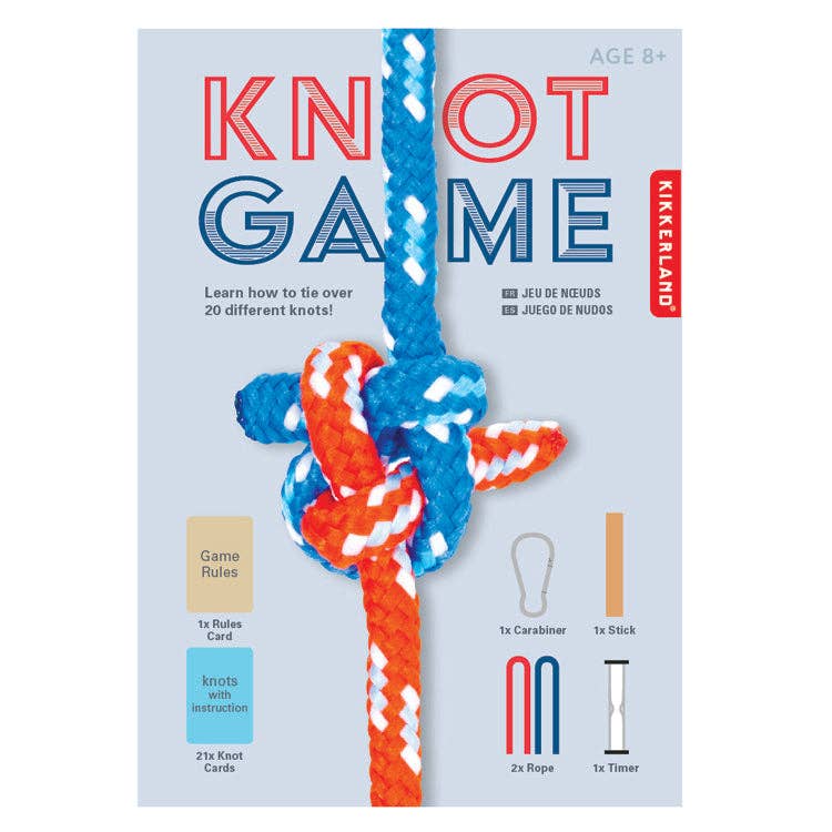 Box cover for Knot Game features a blue and orange rope tied in a knot. Text promotes learning to tie 20+ knots. Visible game components include ropes, carabiner, timer, and instruction cards.
