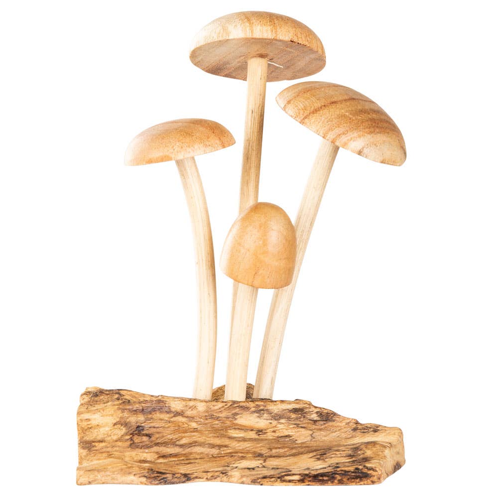 The Small Wooden Natural Mushroom Trio features three wooden mushrooms with long stems and rounded caps, affixed to a textured wooden base, creating a charming decorative figurine perfect for driftwood-inspired décor, shown isolated on a white background.