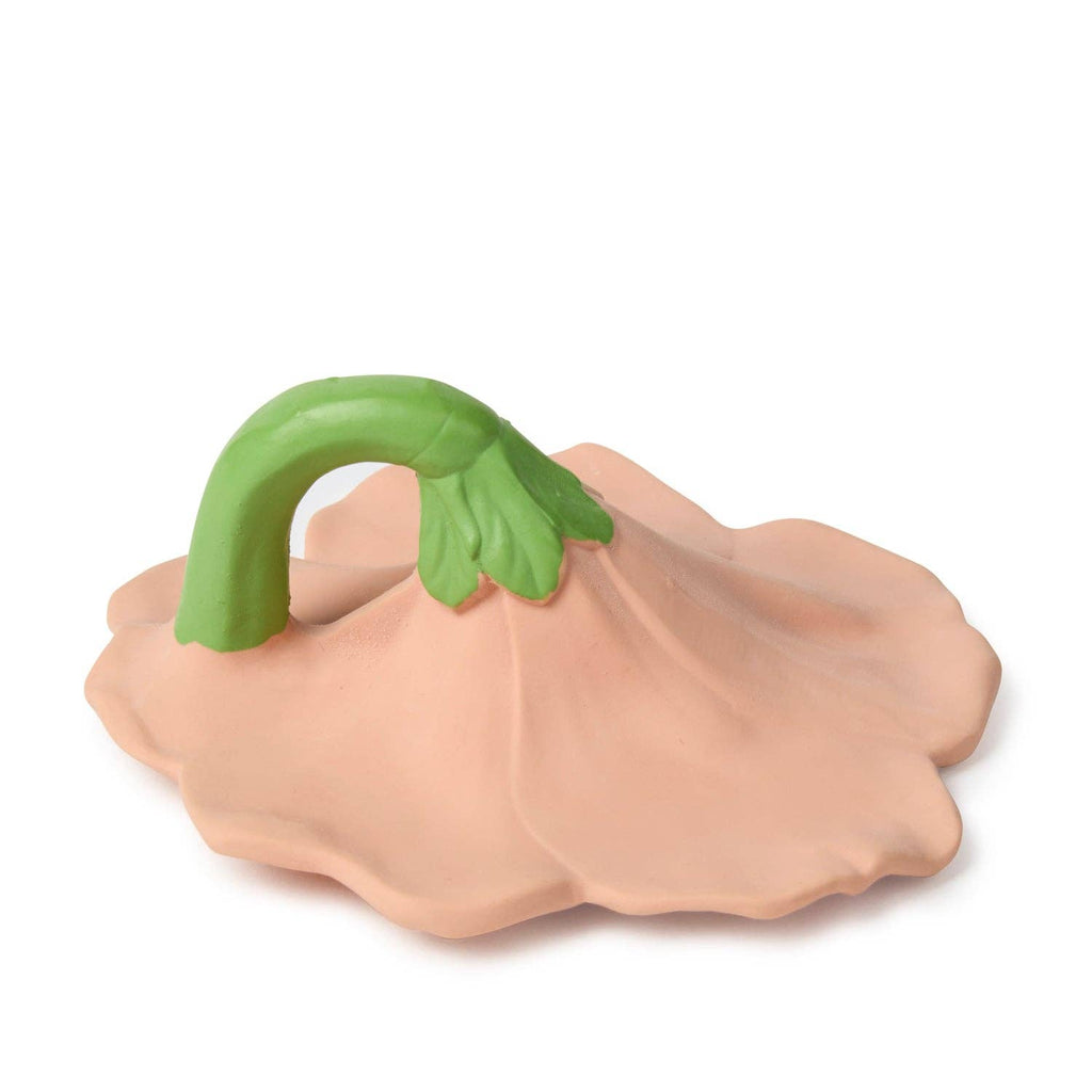 Iris the Hibiscus Teething Toy—a peach-colored, flower-shaped natural rubber teether with a green, curved stem on top—resembles a wilted flower and is perfect as a sensory play toy for babies.