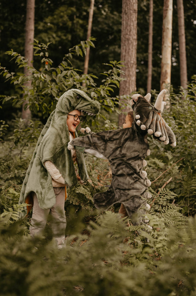 Two children play in a lush forest, surrounded by greenery. One wears the Costume - T-Rex Dino as a cape, while the other sports a gray dinosaur outfit with spikes.