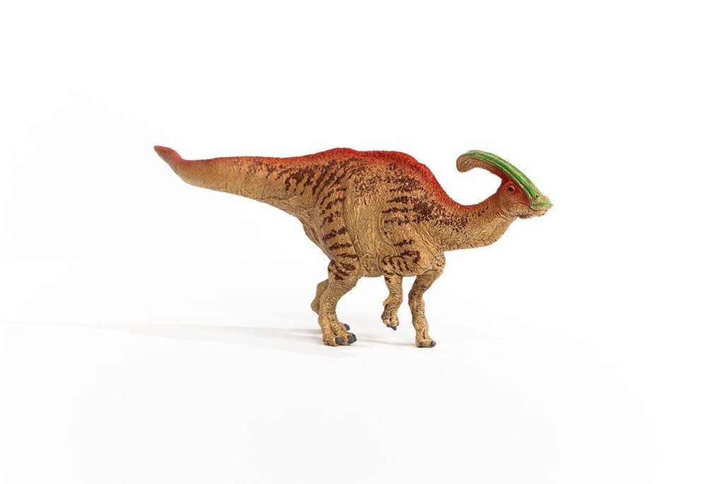 The Schleich Parasaurolophus Large Dinosaur Toy features a red and brown body with a green crest, standing on a white background—making it an ideal gift for any dinosaur enthusiast or a perfect addition to your Schleich Dinosaurs collection.