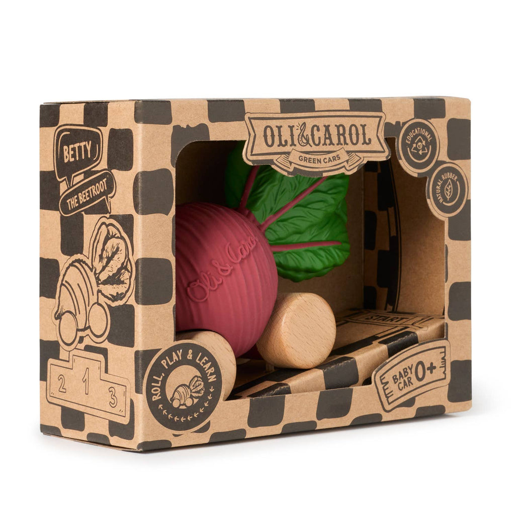 A boxed "Betty The Beetroot Baby Car" toy set, made from natural rubber and FSC-certified wood with green leaves and wooden wheels, is eco-friendly and safe for babies aged 0+.