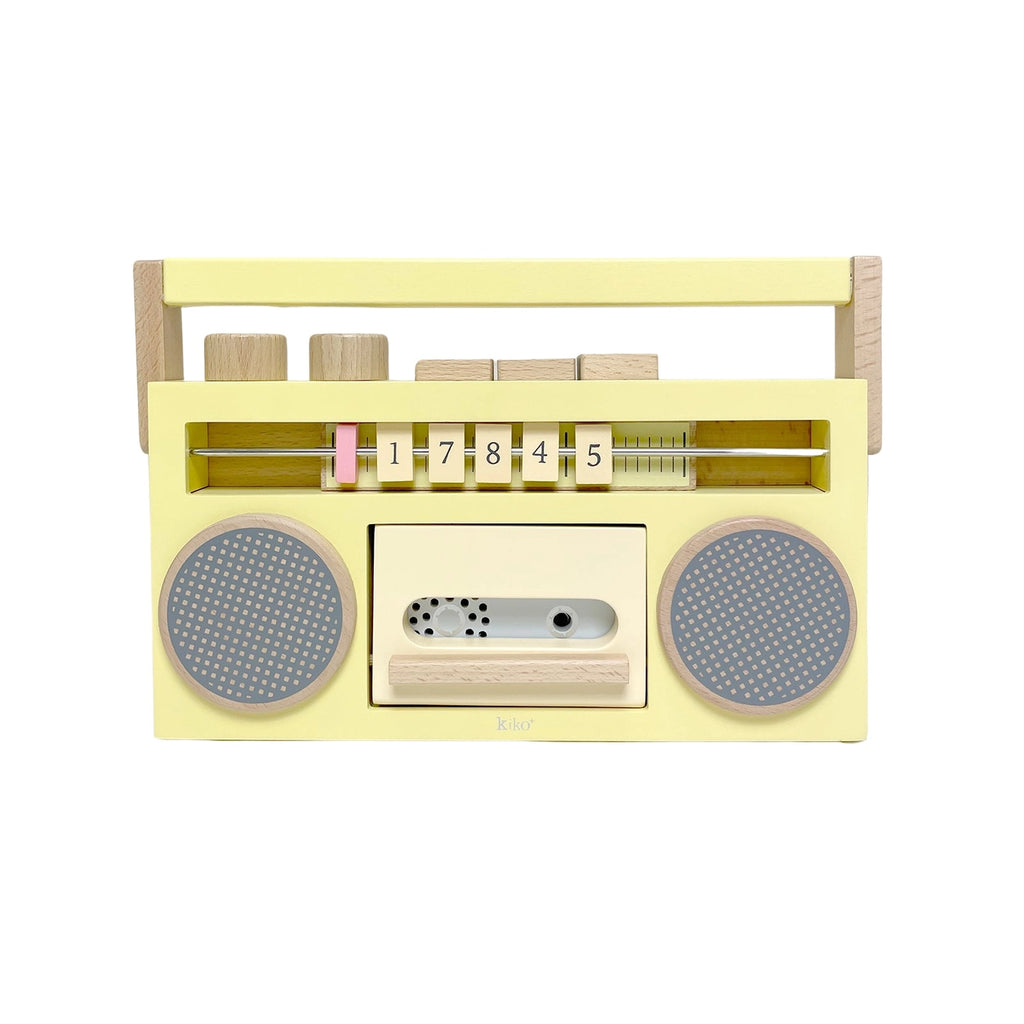 Retro Wooden Tape Recorder with a yellow front, featuring two speakers, sliding dials, and number blocks from 0 to 9, designed for children's play and learning.