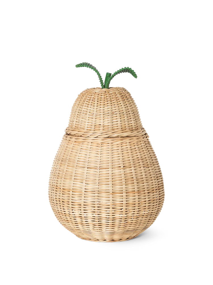 A Ferm Living Pear Braided Storage Basket - Large, made from hand-braided rattan, featuring a texturized surface and two small green leaves on top, set against a black background.
