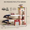 The Fire & Rescue Garage playset features three levels, ramps, a fire engine toy, helicopter, elevator, brick-patterned tower, garage door, and rescue bell. Sustainable design and size info included—big missions for little heroes!.