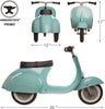 A teal-colored, PRIMO Ride On Kids Toy Classic scooter is displayed with dimensions—30 inches long and 17 inches tall, with a 12-inch handlebar width. The scooter, a classic design, features black
