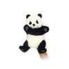 A Panda Puppet with black and white fur is shown. Hand-sewn with care, the puppet is positioned upright with its arms raised and is set against a plain white background. This unique handcrafted toy captures realistic animal features that bring it to life.