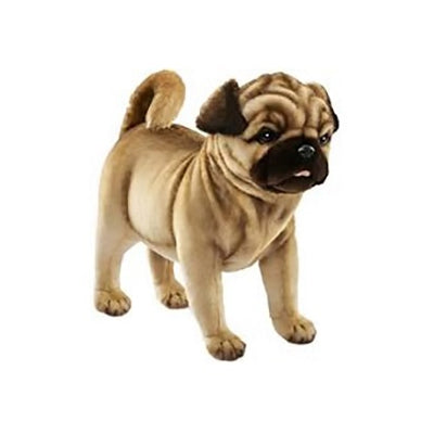 A realistic Hansa Pug Dog Stuffed Animal standing with its tail up, featuring detailed fur texture and facial wrinkles, against a white background.