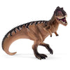 A brown and black Schleich Giganotosaurus Large Dinosaur Toy with a movable jaw, featuring sharp teeth, small arms, and a curved tail reminiscent of a carnivorous theropod—an impressive addition to any dinosaur collection, pictured against a white background.