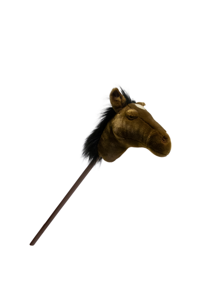 The Pretend Play Ride-On Horse features a brown horse head with a black mane on a wooden stick, ideal for imaginative play and isolated on a white background.