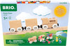 The BRIO World Paint Train set is for ages 5+ and includes a wooden train with three cars, paints, a brush, and carries a choking hazard warning for small parts.