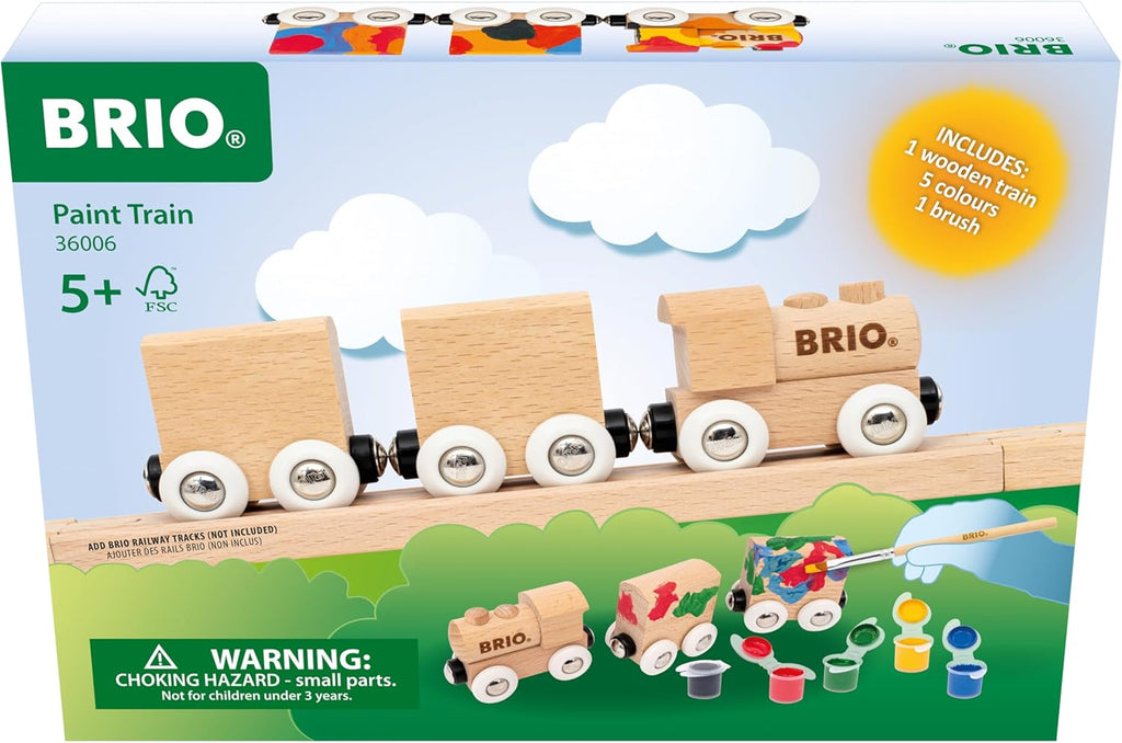The BRIO World Paint Train set is for ages 5+ and includes a wooden train with three cars, paints, a brush, and carries a choking hazard warning for small parts.