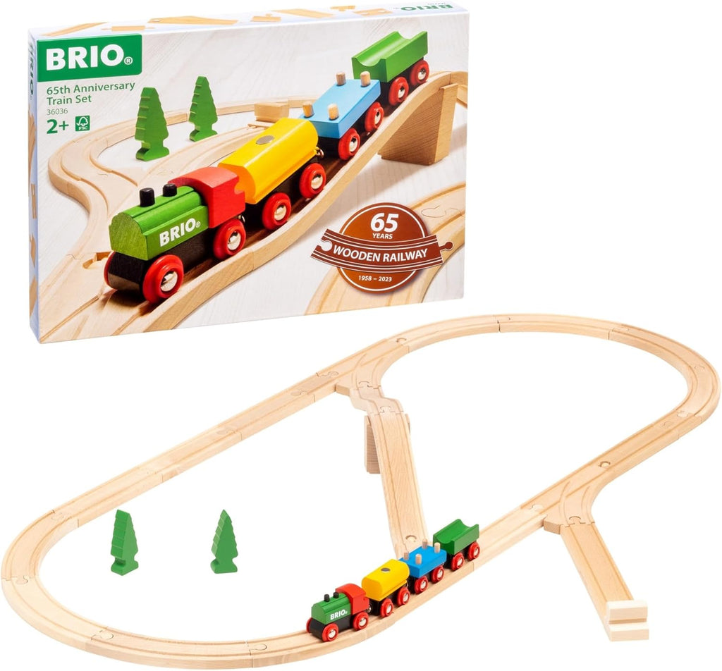 Celebrate playtime with the BRIO World 65th Anniversary Train Set! This classic set includes a colorful train, oval track with split, two toy trees, and the original box—perfect for any BRIO railway fan.