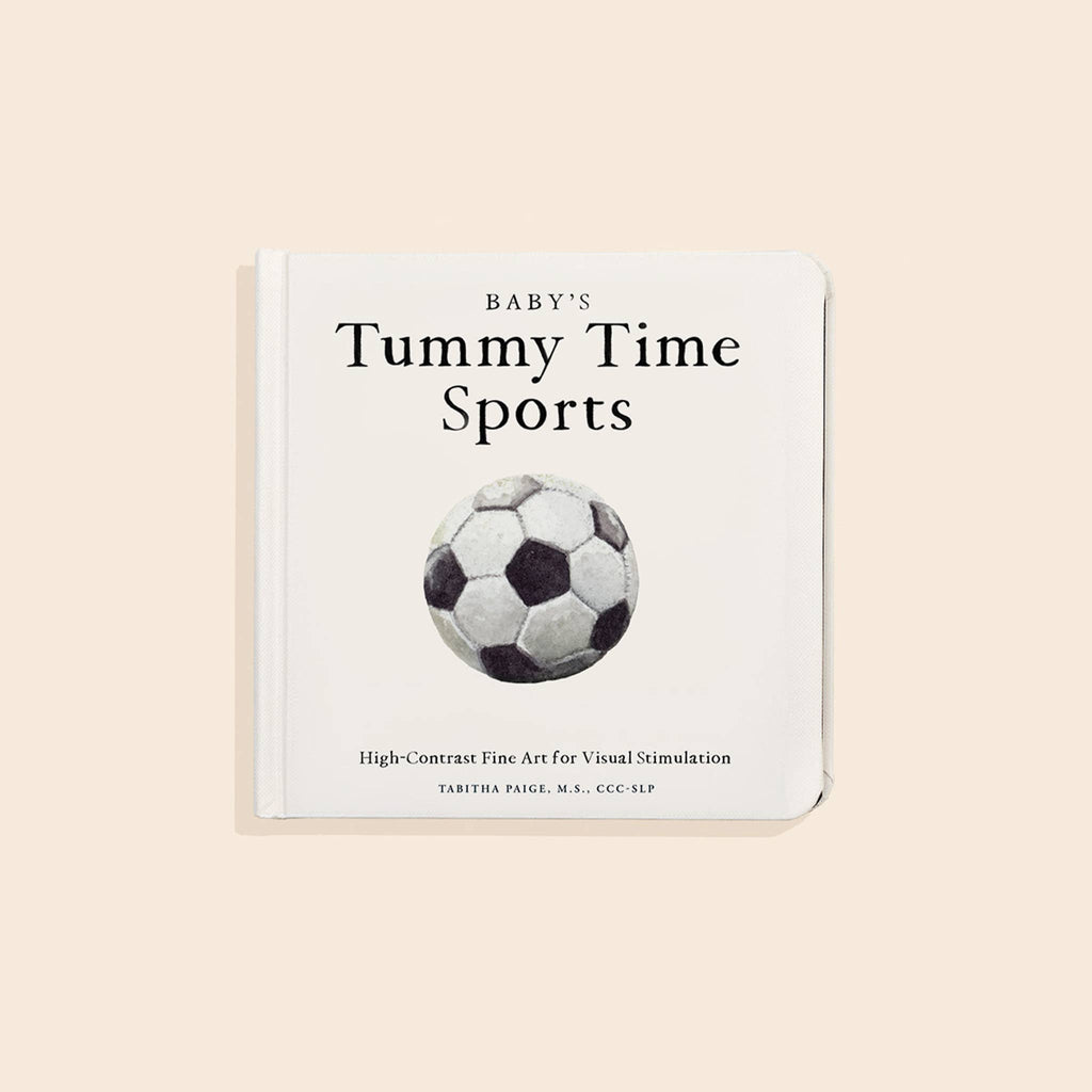 Baby's Tummy Time Sports" is a high-contrast board book featuring an engaging soccer ball illustration on the cover and a simple light background—perfect for visually stimulating your baby during tummy time.
