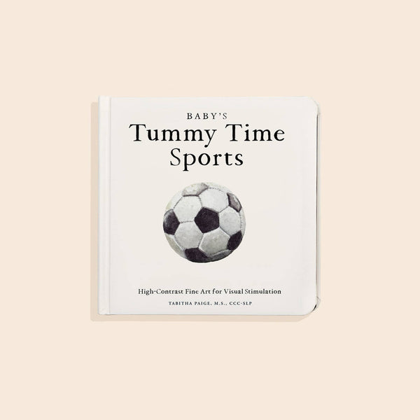 Baby's Tummy Time Sports" is a high-contrast board book featuring an engaging soccer ball illustration on the cover and a simple light background—perfect for visually stimulating your baby during tummy time.