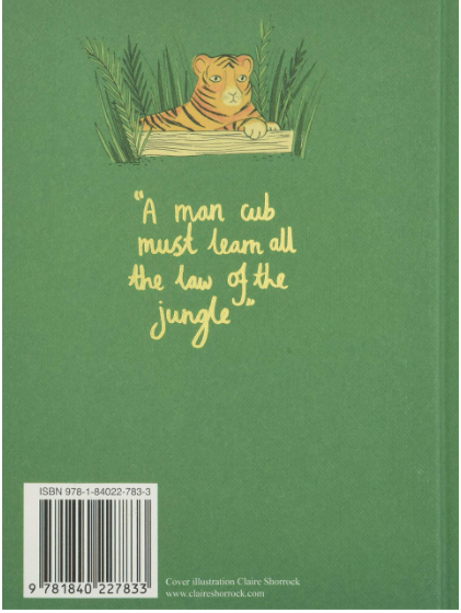 The Collector's Edition of The Jungle Book by Kipling features a green cover with a tiger illustration in tall grass and handwritten text, "A man cub must learn all the law of the jungle." Hardcover edition includes ISBN and illustrator details.