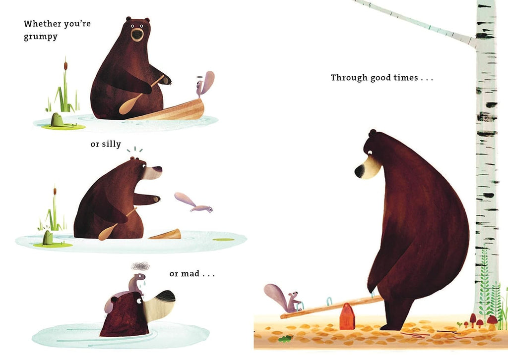 Three illustrated scenes from "I'm Sticking With You" show a grumpy, silly, and mad bear with a squirrel who interacts and plays together on a seesaw. This charming picture book celebrates friendship through all moods.