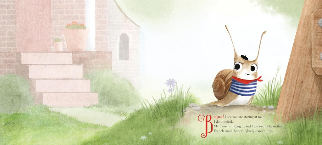 A charming scene from "Escargot" shows a cute French snail in a striped shirt, red scarf, and beret on grass by a post. Stone steps, a flowerpot, and lush greenery with a bloom surround him. Text appears on the left side.