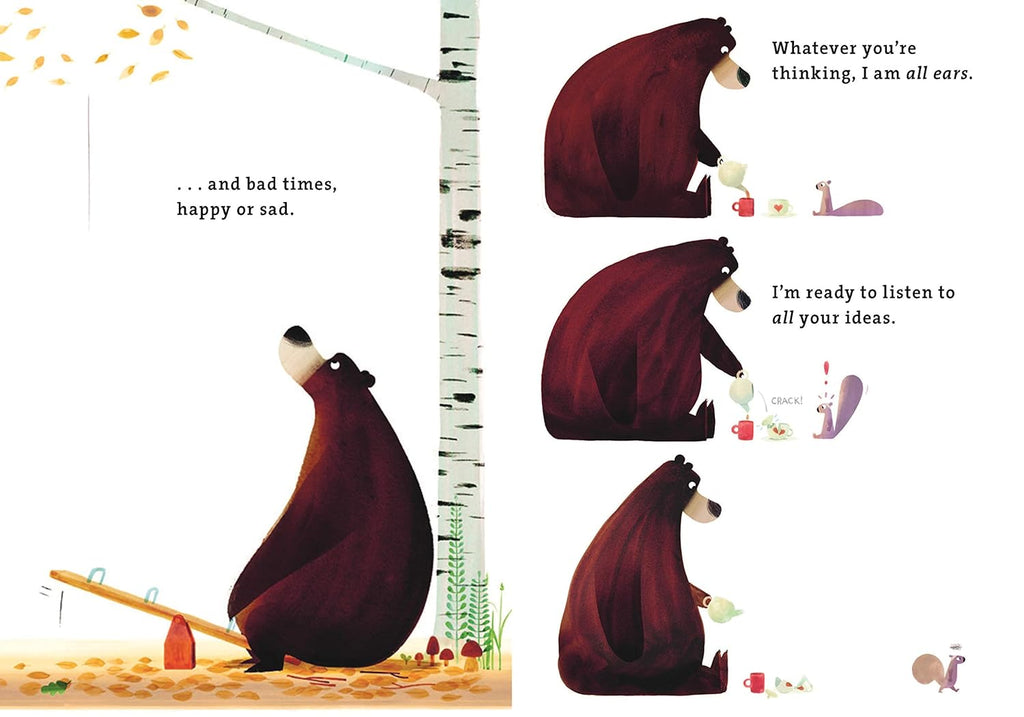 In "I'm Sticking With You," a thoughtful bear sits on a seesaw under a birch tree, listening as a small squirrel shares ideas—a heartwarming picture book scene that celebrates friendship and listening.