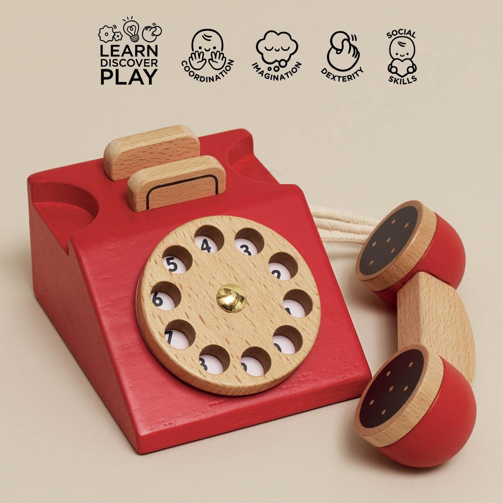 The Vintage Wooden Telephone, featuring a red body and wooden handle, adds retro-style charm to any playroom.