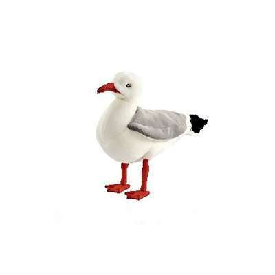 A Seagull Bird Stuffed Animal model standing, featuring detailed white and gray plumage, bright red legs, and a pointed red beak, isolated on a white background. This realistic stuffed animal captures