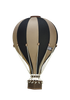 The Hot Air Balloon - Black features a vintage handmade design with black and tan panels, white ropes, and a woven basket—ideal as children's room decor—displayed against a black background.
