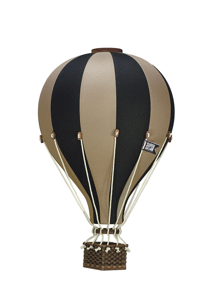 The Hot Air Balloon - Black features a vintage handmade design with black and tan panels, white ropes, and a woven basket—ideal as children's room decor—displayed against a black background.