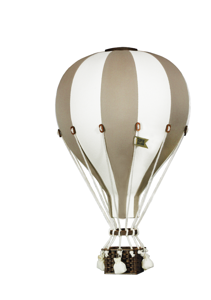 The Hot Air Balloon - Gold features alternating white and beige stripes and a handmade wooden basket, making it a perfect decorative piece for a children's room. Shown here against a plain white background.