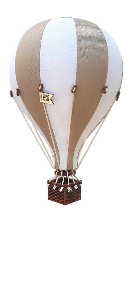The Hot Air Balloon - Gold features brown and white stripes, a woven wooden basket, ropes, and a "Super Balloon" flag. This charming handmade decor is perfect for children's rooms. The background is light-colored.