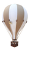 The Hot Air Balloon - Gold features brown and white stripes, a woven wooden basket, ropes, and a "Super Balloon" flag. This charming handmade decor is perfect for children's rooms. The background is light-colored.