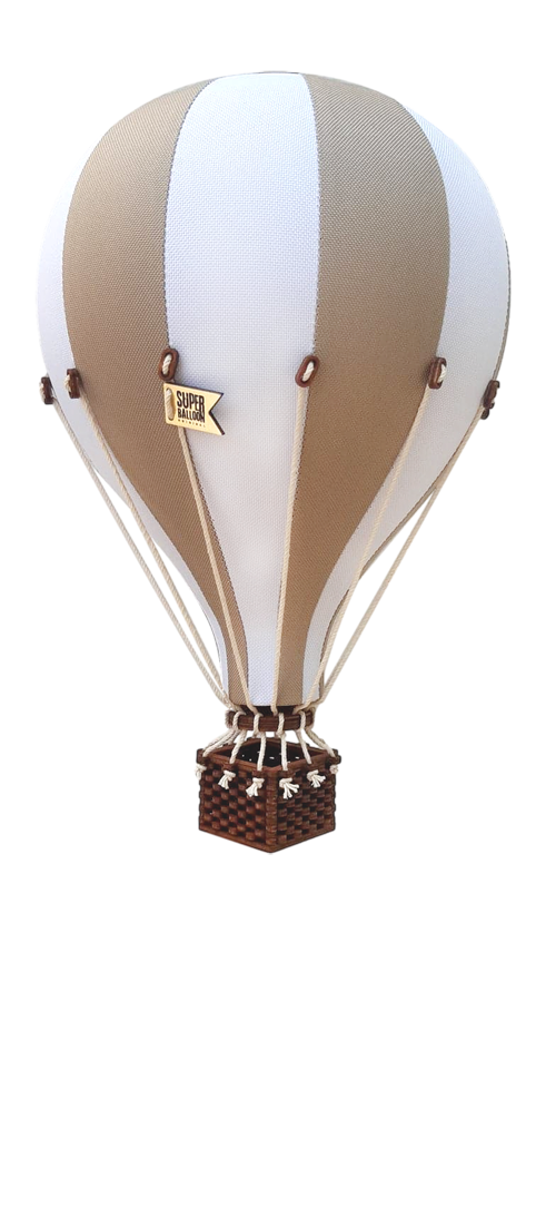 The Hot Air Balloon - Gold features brown and white stripes, a woven wooden basket, ropes, and a "Super Balloon" flag. This charming handmade decor is perfect for children's rooms. The background is light-colored.
