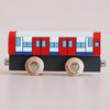 Introducing the No. 48 GT290 Tim, made in England—a wooden toy train car with bold red, white, and blue accents. It features four illustrated doors and is set atop two natural wood wheels, making it perfect for imaginative metro transport play or any wooden toy car adventures.