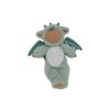 The Olli Ella Cozy Dinkum Dragon - Ash - Green is a weighted plush doll in a soft green recycled dragon costume with a white belly, sparkly wings, and hood with horns and ears. Features closed eyes and a peaceful expression.