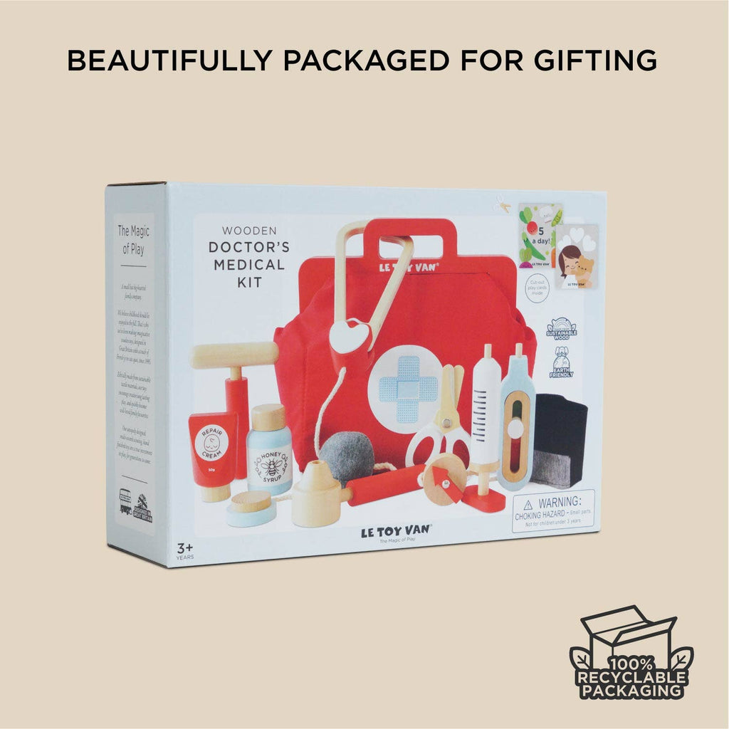 The Pretend Play Vintage Doctor Set is a boxed wooden role play kit with a red case, stethoscope, syringe, and more. Beautifully packaged for gifting in 100% recyclable materials. Suitable for ages 3+.