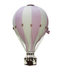 The Hot Air Balloon - Lilac features alternating lilac and white panels, brown trim, ropes, a small woven basket, and a charming flag. This handmade decor is perfect for adding whimsy to any children's room.