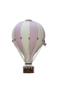 The Hot Air Balloon - Lilac features alternating lilac and white panels, a small woven basket, and a tiny flag—perfect as handmade children's room decor, shown isolated on a white background.