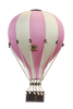 The Hot Air Balloon - Powder Pink features alternating pink and white stripes with a small woven basket below, creating a charming handmade decor piece for children's rooms, displayed against a white background.