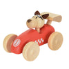 The Wooden Race Car Toy with Dog Driver features a vibrant red body, natural wooden wheels, and a playful checkered flag design. This Egmont Toys creation includes a charming dog character as the driver, boasts a large rear spoiler, and is topped off with a round number "1" on the front.