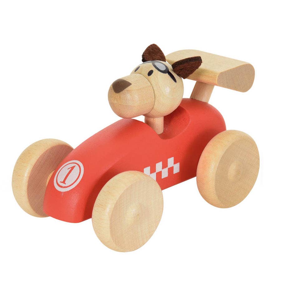 The Wooden Race Car Toy with Dog Driver features a vibrant red body, natural wooden wheels, and a playful checkered flag design. This Egmont Toys creation includes a charming dog character as the driver, boasts a large rear spoiler, and is topped off with a round number "1" on the front.