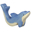 A handcrafted wooden toy dolphin, painted with blue and white colors, showcases a minimalistic design. This high-quality Holztiger Dolphin, Small is depicted in a playful, leaping pose with a small black dot representing its eye, capturing the essence of HOLZTIGER figures.