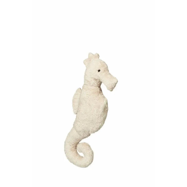 The Senger Naturwelt Cuddly Animal - Seahorse is a plush, cream-colored pillow with a curled tail and simple features, made as a sustainable cuddly toy and displayed against a plain white background.