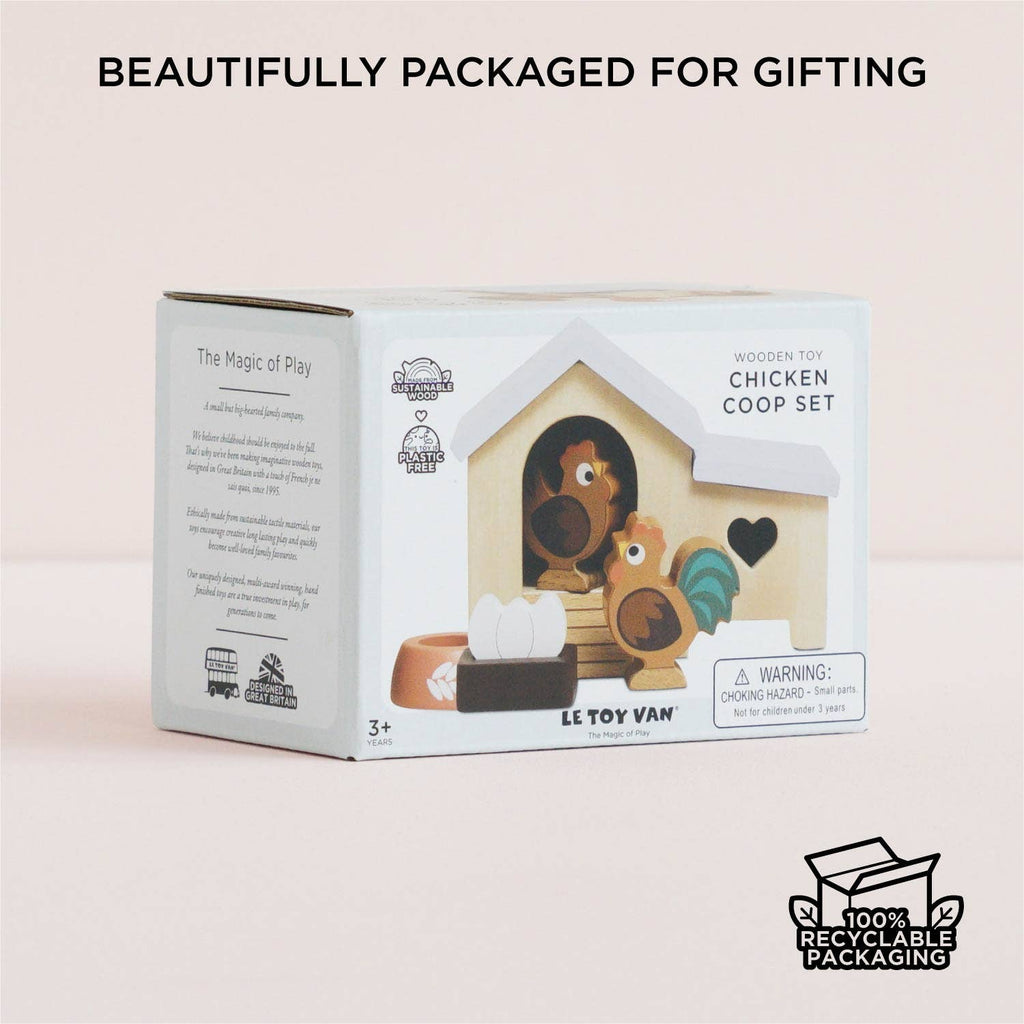 The Chicken Coop Playset is crafted from FSC-certified wood and includes illustrated chickens, eggs, and a coop. Perfect for ages 3+, it's packaged in 100% recyclable materials—an ideal farmyard gift.