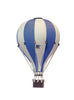 The Hot Air Balloon - Marine Blue features alternating blue and white vertical stripes and a small dark basket, shown isolated on a white background—making it the perfect wooden balloon ornament or charming handmade children's room décor.