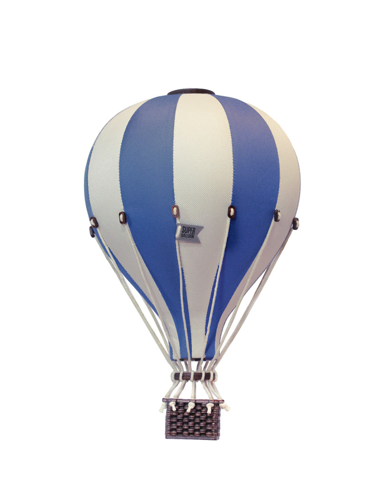 The Hot Air Balloon - Marine Blue features alternating blue and white vertical stripes and a small dark basket, shown isolated on a white background—making it the perfect wooden balloon ornament or charming handmade children's room décor.