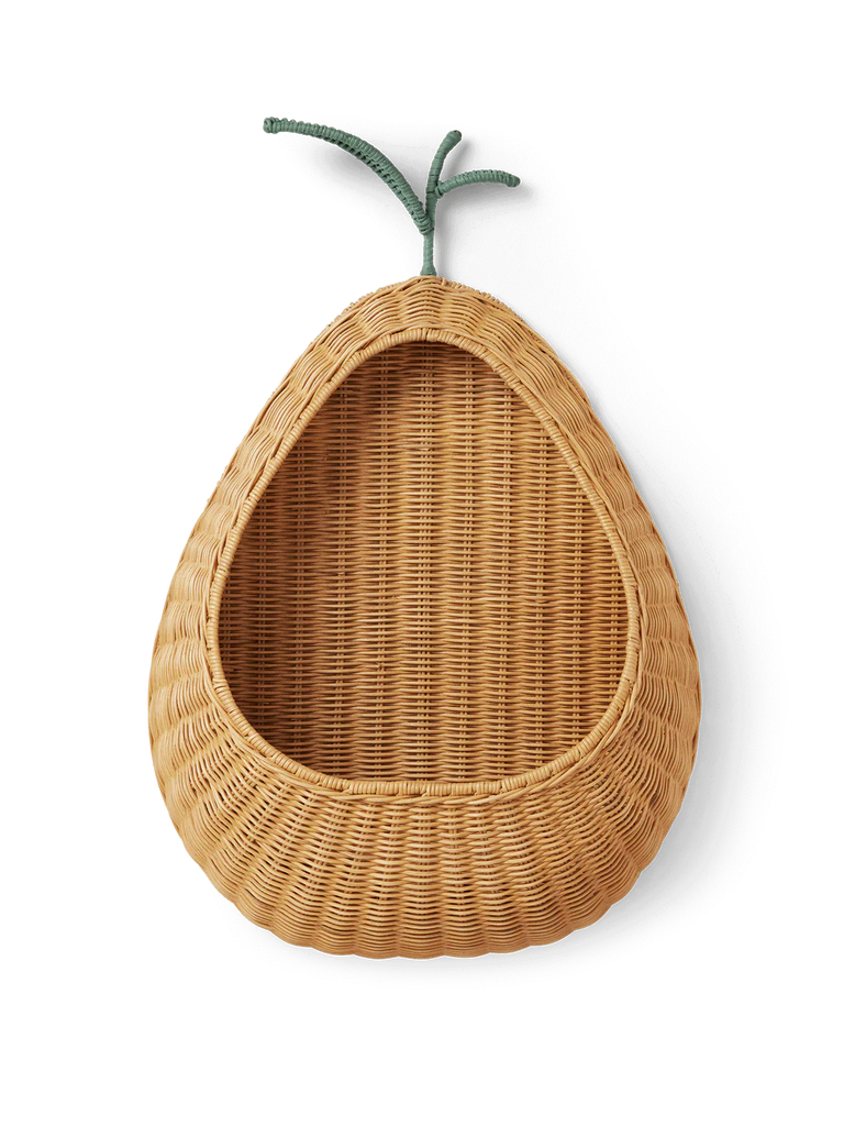The Ferm Living Pear Braided Wall Pocket - Natural is a woven rattan basket shaped like a pear with a green stem, featuring a hollow center and serving as both storage and décor, shown against a plain white background.