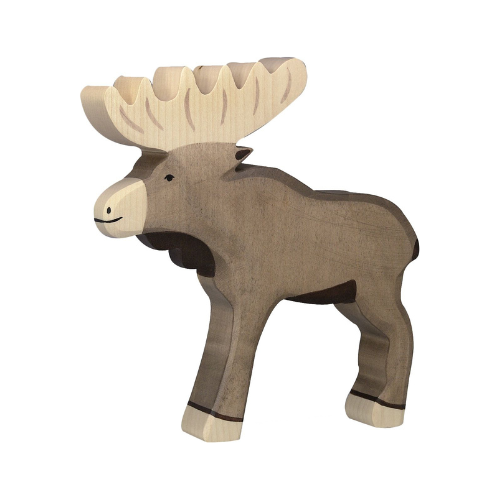 The Holztiger Elk is a handcrafted wooden toy with smooth edges, simple painted details, and light-colored antlers, standing on four legs facing left—a delightful piece from the HOLZTIGER figures collection.