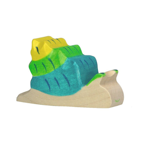 The Holztiger Snail is a handcrafted wooden toy made in Europe, featuring a natural wood base and a colorful yellow, green, and blue shell with simple line details, shown against a white background.